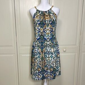 NINA LEONARD Women's Loose Aztec Print w Gold Chain Link Collar Dress  Size L